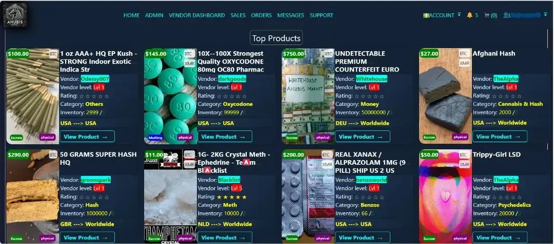Screenshot of the Anubis Market interface showing various products and security features