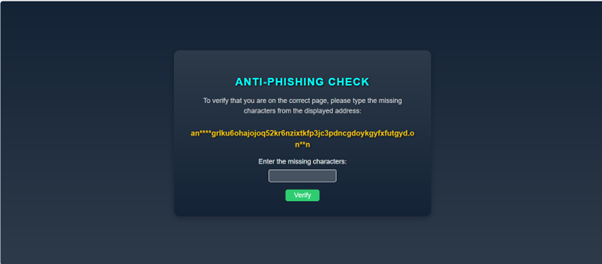 Anubis Market anti-phishing check screen